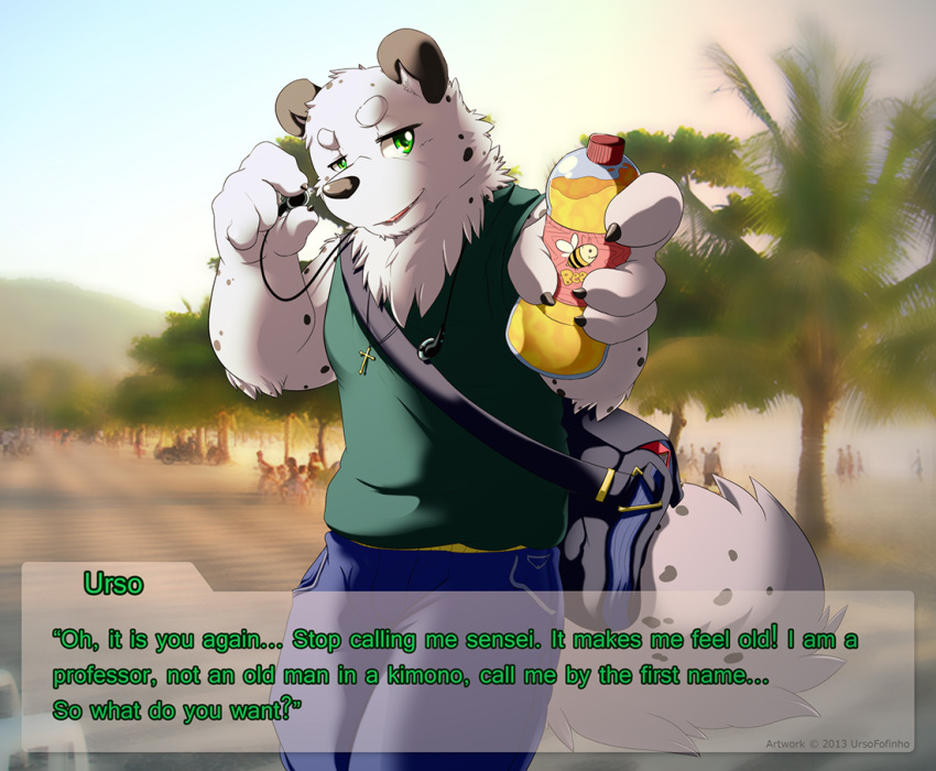 2013 anthro bear biceps big_muscles biped claws clothed clothing english_text fur green_eyes hybrid looking_at_viewer male mammal muscular muscular_anthro muscular_male outside paws solo standing text urso ursofofinho white_body white_fur