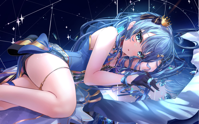 adapted_costume blue_eyes blue_hair comet crown female gloves hai_0013 hair_ornament hair_ribbon highres hololive hoshimachi_suisei hoshimachi_suisei_(stellar_into_the_galaxy) idol_clothes jewelry long_hair looking_at_viewer lying mini_crown o-ring o-ring_thigh_strap official_alternate_costume official_alternate_hair_length official_alternate_hairstyle reflection ribbon single_glove solo star_(symbol) star_hair_ornament star_in_eye symbol_in_eye thigh_strap thighs virtual_youtuber