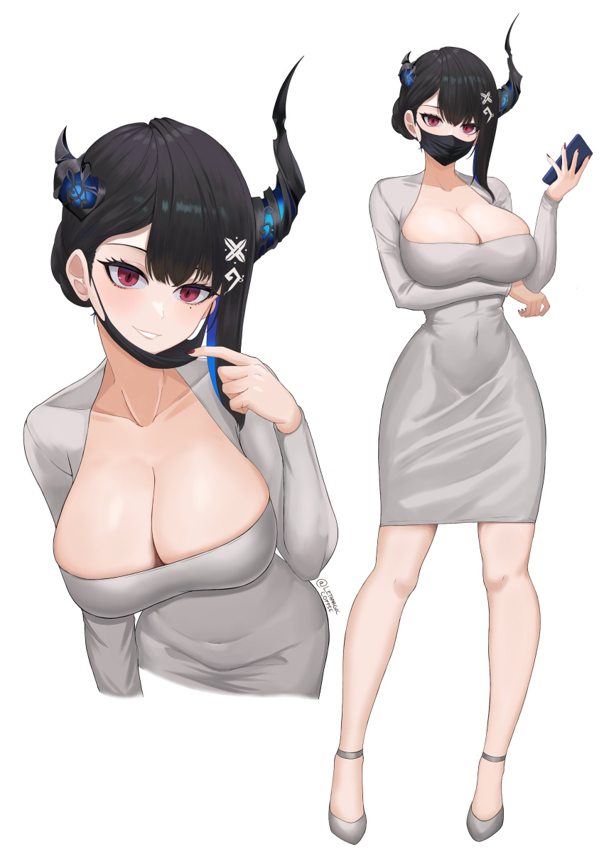 absurdres alternate_costume arm_under_breasts asymmetrical_horns black_hair black_mask blue_hair breasts cellphone cleavage colored_inner_hair demon_horns dongtan_dress dress female full_body grey_footwear highres holding holding_phone hololive hololive_english horns large_breasts lazycoffee_(wyen_iscordo) looking_at_viewer mask mask_pull meme_attire mole mole_under_eye mouth_mask multicolored_hair multiple_views nail_polish nerissa_ravencroft phone red_eyes red_nails short_hair smartphone virtual_youtuber white_background white_dress