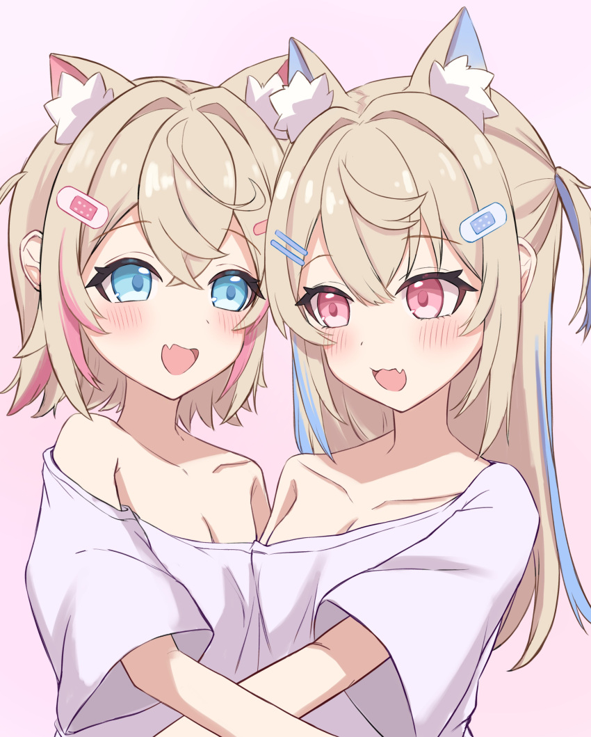 2girls absurdres animal_ear_fluff animal_ears bandaid bandaid_hair_ornament blonde_hair blue_eyes blue_hair blush breasts dog_ears dog_girl fuwawa_abyssgard hair_ornament hairpin highres hololive hololive_english hug long_hair looking_at_another looking_at_viewer medium_breasts medium_hair mococo_abyssgard multicolored_hair multiple_girls nekomotowata oerba_yun_fang open_mouth pink_eyes pink_hair shirt siblings sisters skin_fang small_breasts smile streaked_hair twins two_side_up virtual_youtuber white_shirt x_hair_ornament