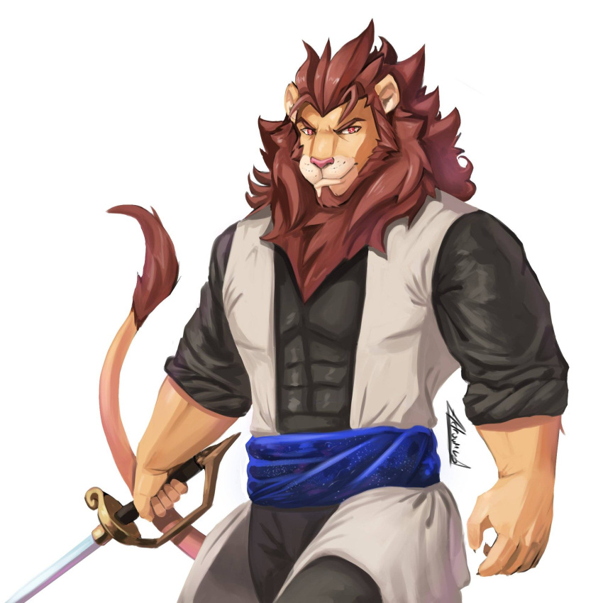 1:1 adrovmike adrovmike_art anthro clothed clothing digital_media_(artwork) felid fur hair hi_res lion male mammal muscular muscular_anthro muscular_male pantherine raion_seyfrid simple_background solo tail