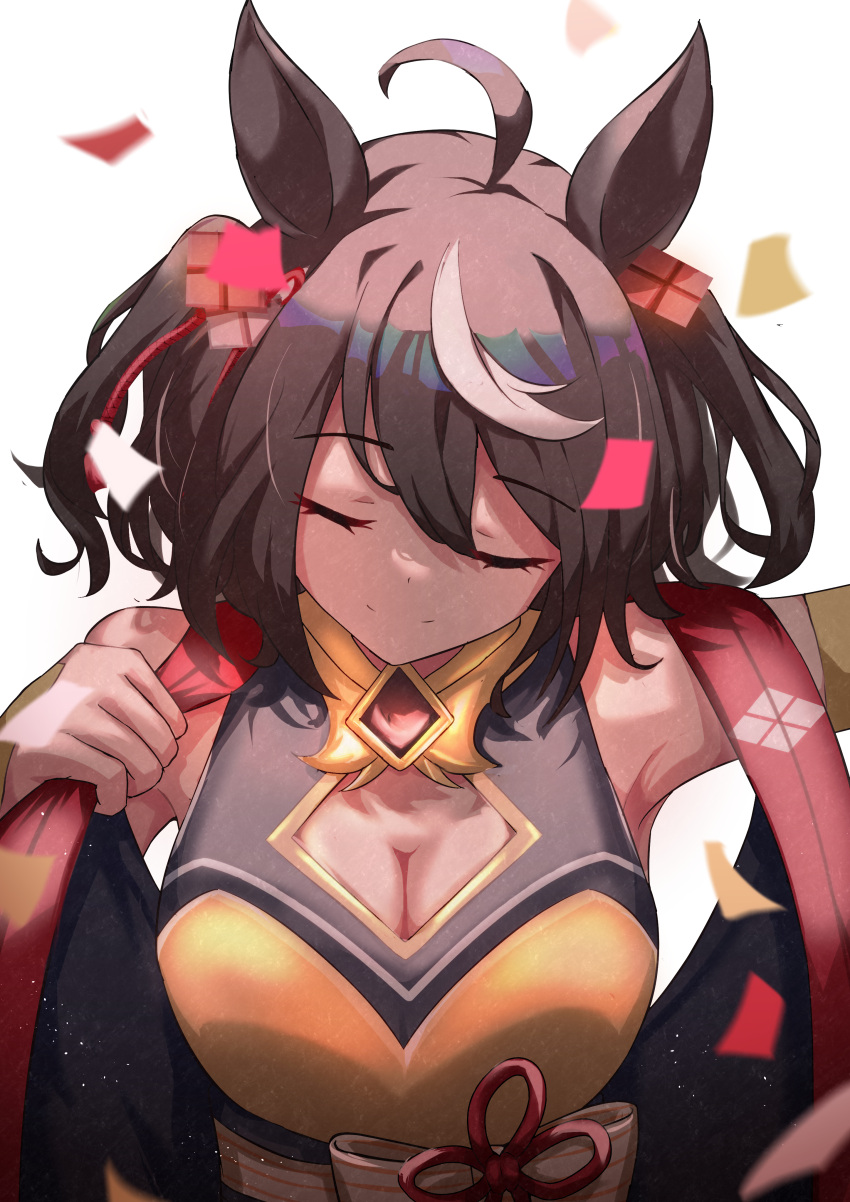 absurdres ahoge animal_ears bare_shoulders black_hair bob_cut breasts cleavage_cutout closed_eyes clothing_cutout commentary_request detached_sleeves female flower_ornament hair_ribbon highres horse_ears horse_girl kitasan_black_(umamusume) large_breasts multicolored_hair red_eyes red_ribbon ribbon sanami_(sanami_t_38) short_hair solo streaked_hair two-tone_hair umamusume upper_body white_hair