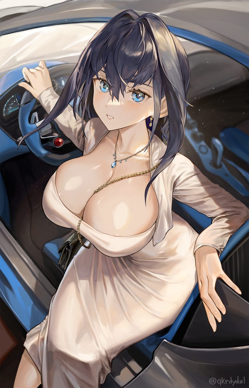 absurdres alternate_costume bag black_hair blue_eyes breasts bugatti car cardigan cleavage dongtan_dress dress earrings female handbag highres hololive hololive_english huge_breasts jewelry looking_at_viewer meme_attire motor_vehicle necklace ouro_kronii santafe99 sitting solo steering_wheel teeth tight_clothes tight_dress virtual_youtuber white_dress