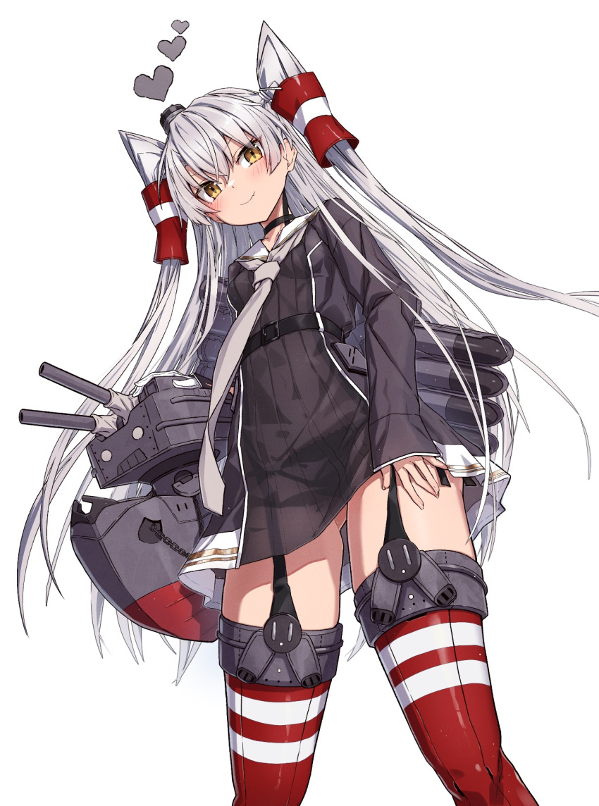 amatsukaze_(kancolle) amatsukaze_kai_ni_(kancolle) belt black_belt blush brown_dress brown_eyes closed_mouth commentary_request dress female grey_hair hair_tubes heart highres horizontal-striped_thighhighs kantai_collection looking_at_viewer red_thighhighs rensouhou-kun sailor_dress simple_background smile smoke_heart smokestack smokestack_hair_ornament solo standing striped_clothes striped_thighhighs takanashi_kei_(hitsujikan) thighhighs thighs white_background