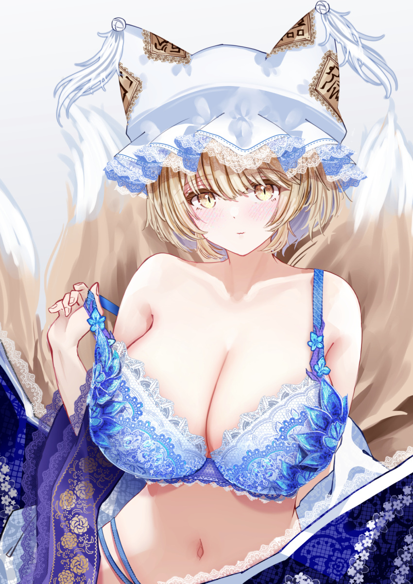 alternate_costume animal_ears blonde_hair blue_bra blush bra breasts cleavage closed_mouth collarbone female fox_ears fox_girl fox_tail hat highres large_breasts lingerie looking_at_viewer mob_cap multiple_tails navel sarasadou_dan short_hair simple_background solo tail touhou underwear white_background white_hat yakumo_ran yellow_eyes