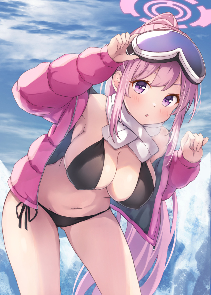 :o armpits bikini black_bikini blue_archive blush breasts breath cleavage eimi_(blue_archive) eimi_(swimsuit)_(blue_archive) female goggles goggles_on_head halo highres jacket large_breasts leaning_forward long_hair looking_at_viewer matsu520 md5_mismatch navel official_alternate_costume outdoors padded_jacket pink_hair pink_halo pink_jacket ponytail purple_eyes resolution_mismatch revision scarf side-tie_bikini_bottom sideboob ski_goggles solo source_larger stomach swimsuit very_long_hair white_scarf