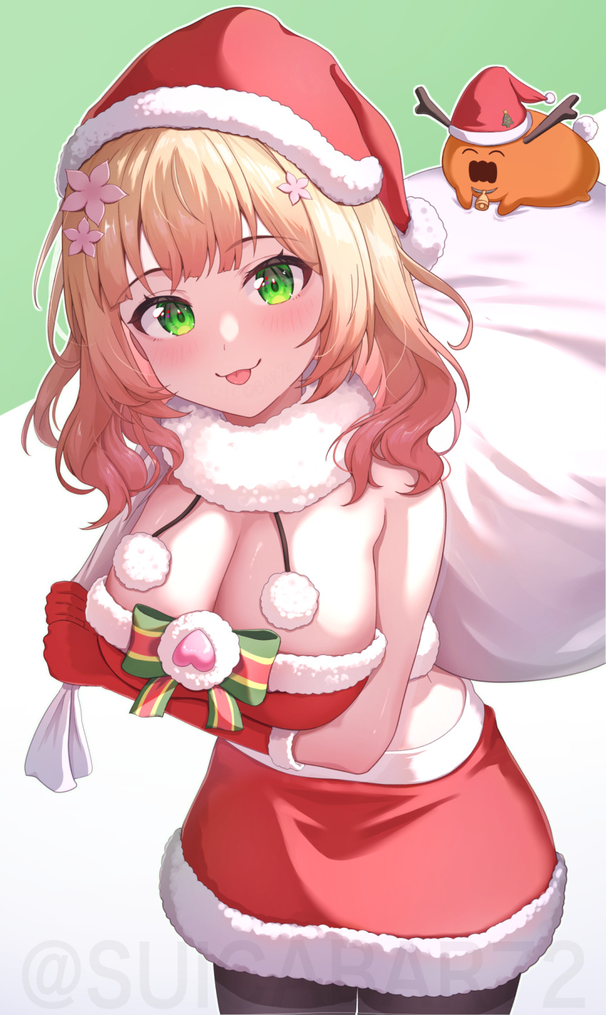 :3 :p bare_shoulders bell blonde_hair blunt_bangs blush box breasts christmas cleavage commentary_request cowboy_shot dress female flower fur-trimmed_dress fur-trimmed_headwear fur_trim gift gift_box gloves green_eyes hair_flower hair_ornament hat highres holding hololive large_breasts long_hair looking_at_viewer medium_hair momosuzu_nene neck_bell nekko_(momosuzu_nene) pantyhose red_gloves red_hat sack santa_costume santa_hat smile solo suicabar72 tongue tongue_out virtual_youtuber