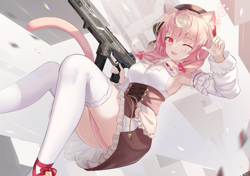 ;d abstract_background ahoge animal_ear_fluff animal_ears armpits assault_rifle beret between_legs breasts brown_hat brown_skirt cat_ears cat_girl cat_tail commentary_request commission cross-laced_clothes cross-laced_skirt detached_sleeves feet_out_of_frame female fingernails frilled_skirt frilled_sleeves frills grey_background gun hair_ribbon hand_up hat high-waist_skirt holding holding_gun holding_weapon indie_virtual_youtuber izumiya_konomi large_breasts long_hair long_sleeves looking_at_viewer mirufuaa one_eye_closed open_mouth pink_eyes pink_hair pink_ribbon pink_tail pointing ribbon rifle second-party_source shirt sideboob skeb_commission skirt sleeveless sleeveless_shirt smile solo tail tail_between_legs tail_censor thighhighs twintails underbust virtual_youtuber weapon white_shirt white_sleeves white_thighhighs