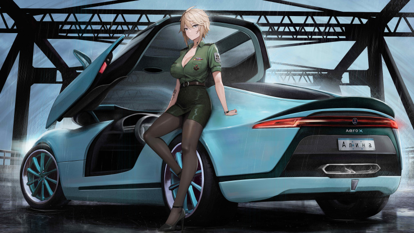 absurdres alina_novikov belt blonde_hair blue_eyes breasts bridge brown_belt car character_name collared_shirt commission concept_art female green_shirt green_skirt grey_sky hatch headlights high_heels highres kcar66t large_breasts leaning_against_vehicle legs license_plate looking_at_viewer medal military_uniform motor_vehicle name_tag open_door open_hatch plate rain road russian_text saab saab_aero_x shirt short_hair short_sleeves skirt sky solo steering_wheel tatakau_ataisuru tattoo thighhighs tomboy uniform watch wristwatch