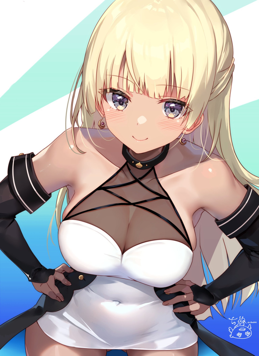 alice_gear_aegis araime_yasuri bare_shoulders black_gloves blonde_hair blue_eyes blunt_bangs blush breasts cleavage closed_mouth collarbone commentary_request covered_navel dark-skinned_female dark_skin dress earrings elbow_gloves female fingerless_gloves gloves hands_on_own_hips highres jewelry kakerayuri large_breasts long_hair looking_at_viewer see-through see-through_cleavage signature sleeveless sleeveless_dress smile solo white_dress