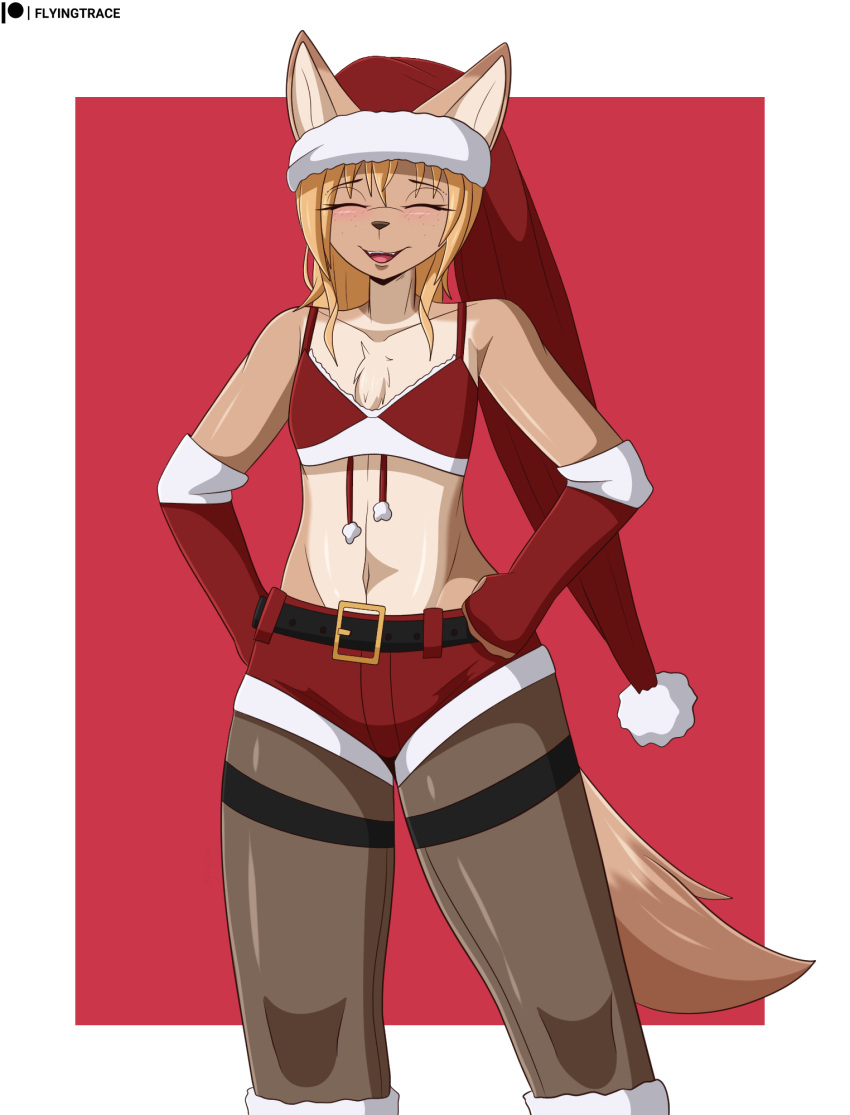 2023 anthro belly belt blonde_hair blush bottomwear canid canine cel_shading chest_tuft christmas christmas_clothing christmas_headwear closed_eyes clothed clothing costume digital_media_(artwork) english_text female fennec_fox flat_chested flyingtrace fox freckled_face freckles fur hair happy hat headgear headwear hi_res holidays hotpants legwear mammal midriff multicolored_body multicolored_fur navel open_mouth pants pantyhose santa_costume santa_hat shaded shorts signature simple_background slim smile solo tail tan_body tan_fur text topwear true_fox tuft url yazz_(flyingtrace)