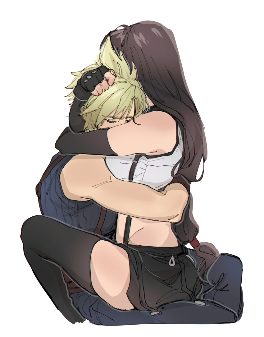 1boy bare_shoulders black_hair black_skirt blonde_hair breasts closed_eyes cloud_strife couple crop_top cuddling elbow_gloves female final_fantasy final_fantasy_vii final_fantasy_vii_remake fingerless_gloves gloves highres hug long_hair low-tied_long_hair pudelmudel short_hair sitting sitting_on_lap sitting_on_person skirt spiked_hair straight suspender_skirt suspenders tank_top tifa_lockhart