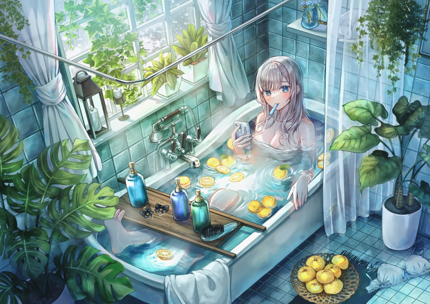 barefoot bath bath_stool bathing bathroom bathtub blue_eyes bra breasts claw_foot_bathtub cleavage comb commentary completely_nude english_commentary female food food_in_mouth fruit grey_hair highres indoors large_breasts leaf lemon lemon_slice long_hair looking_at_viewer nude original parted_bangs plant popsicle popsicle_in_mouth potted_plant sakura_(39ra) see-through shampoo_bottle slipper_bathtub solo stool tile_floor tile_wall tiles underwear unworn_bra water white_bra white_towel window