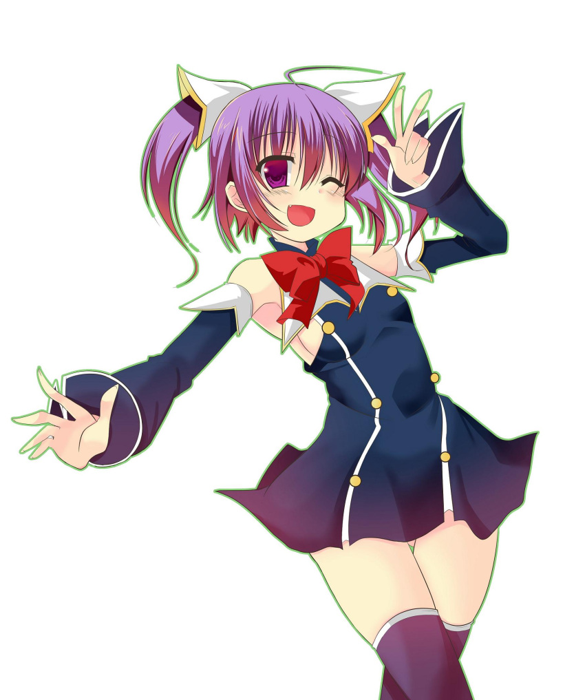 bare_shoulders breasts detached_sleeves female highres kazuta_(kazutan62) myu_(quiz_magic_academy) one_eye_closed purple_eyes purple_hair quiz_magic_academy school_uniform sideboob small_breasts smile solo thighhighs two_side_up