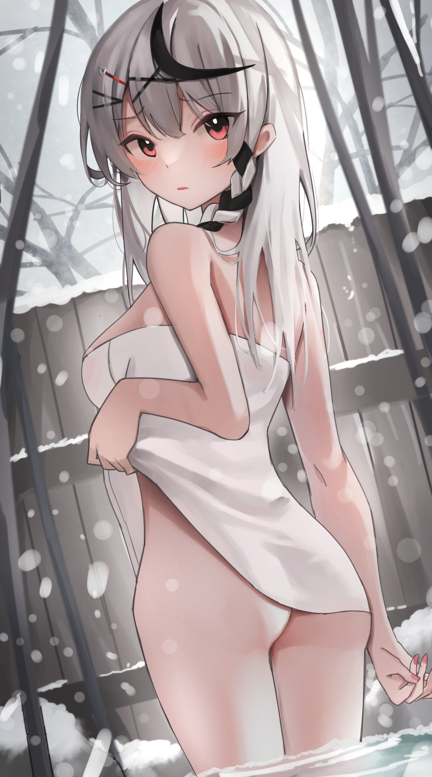 absurdres ass bare_shoulders black_hair blush braid breasts clothes_lift female from_behind grey_hair hair_ornament hairpin highres hololive long_hair looking_at_viewer looking_back multicolored_hair naked_towel parted_lips red_eyes red_nails sakamata_chloe scarlet_(wv0102) snowing solo streaked_hair towel towel_lift virtual_youtuber wading white_towel x_hair_ornament