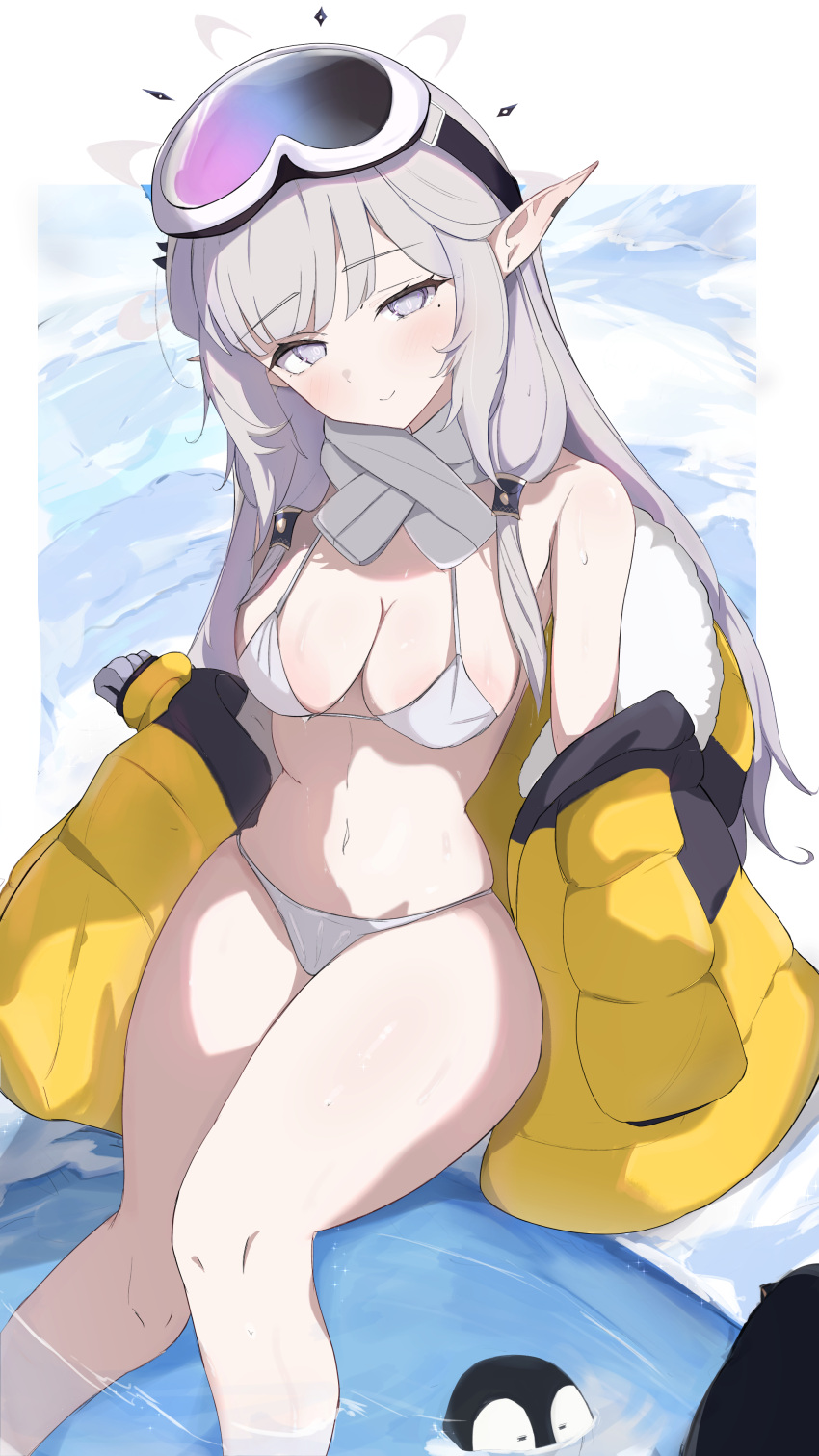 absurdres animal archi_(aruki) bikini bird blue_archive blush breasts cleavage closed_mouth feet_out_of_frame female fur-trimmed_jacket fur_trim goggles goggles_on_head grey_hair grey_halo halo highres himari_(blue_archive) jacket long_hair looking_at_viewer medium_breasts mole mole_under_eye navel penguin pointy_ears purple_eyes scarf sitting smile solo swimsuit water white_bikini white_scarf yellow_jacket