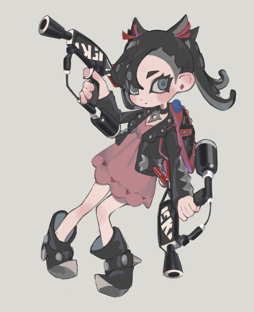 asymmetrical_bangs black_choker black_footwear black_hair black_jacket blush choker dress dual_wielding earrings female full_body grey_background gun hair_ribbon highres holding holding_gun holding_weapon jacket jewelry long_hair looking_at_viewer marnie_(pokemon) octoling open_clothes open_jacket pink_dress pokemon pokemon_swsh red_ribbon ribbon simple_background solo splat_dualies_(splatoon) splatoon_(series) splatoon_2 splatoonification twintails weapon yabi_(akfkzkcl)