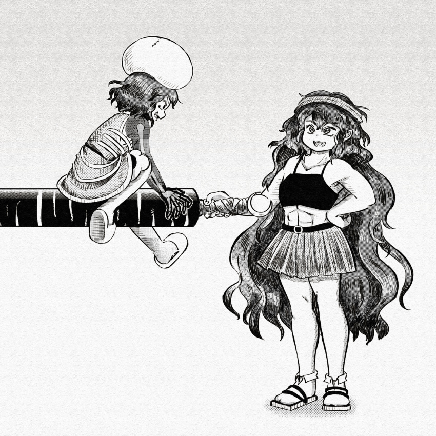 2others androgynous chikafumikou commentary greyscale hand_on_own_hip headband highres holding kitsugai_sese len'en long_hair miniskirt monochrome multiple_others muscular oerba_yun_fang open_mouth other_focus pleated_skirt short_hair sitting skeletal_arm skirt slippers smile socks taira_no_fumikado very_long_hair