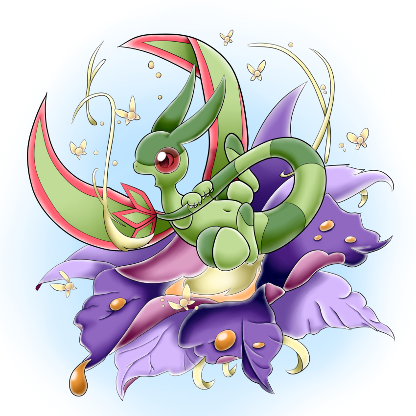 1:1 flower flygon generation_3_pokemon hi_res holding_tail horuru navel nectar nintendo plant pokemon pokemon_(species) simple_background tail wings