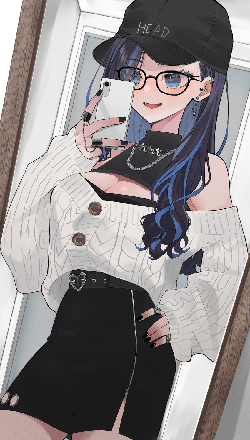 bad_id bad_pixiv_id baseball_cap black-framed_eyewear black_hair black_hat black_nails black_skirt blue_eyes blue_hair blush breasts cellphone cleavage cleavage_cutout clothing_cutout colored_inner_hair female hand_on_own_hip hat highres holding holding_phone kson kson_(6th_costume) large_breasts looking_at_viewer may_nakasaki multicolored_hair nail_polish phone selfie skirt smartphone smile solo streaked_hair sweater virtual_youtuber vshojo white_sweater