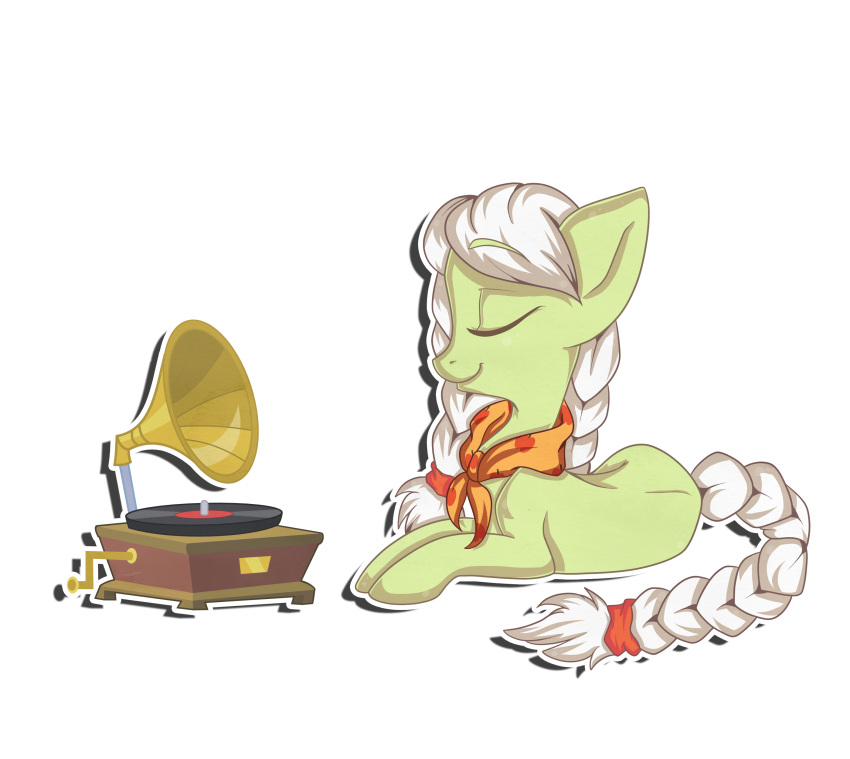 2013 absurd_res alpha_channel braided_hair closed_eyes earth_pony equid equine female feral friendship_is_magic gramophone granny_smith_(mlp) grey_hair hair hasbro hi_res horse mammal my_little_pony pony record record_player scarf simple_background solo sprinklespegasister transparent_background