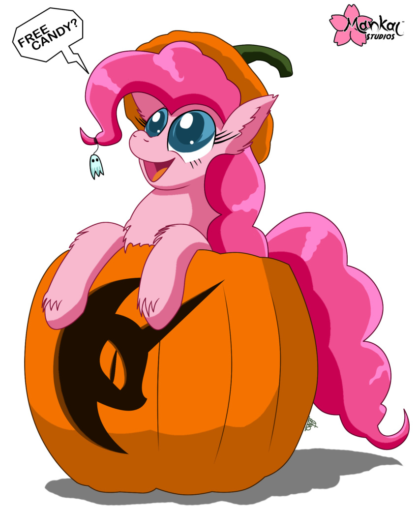 alpha_channel blue_eyes clouddg dialogue earth_pony english_text equid equine female feral fluffy food friendship_is_magic fruit fur hair halloween hasbro hi_res holidays horse jack-o'-lantern long_hair mammal my_little_pony open_mouth pink_body pink_fur pink_hair pinkie_pie_(mlp) plant pony pumpkin simple_background smile solo text tongue transparent_background