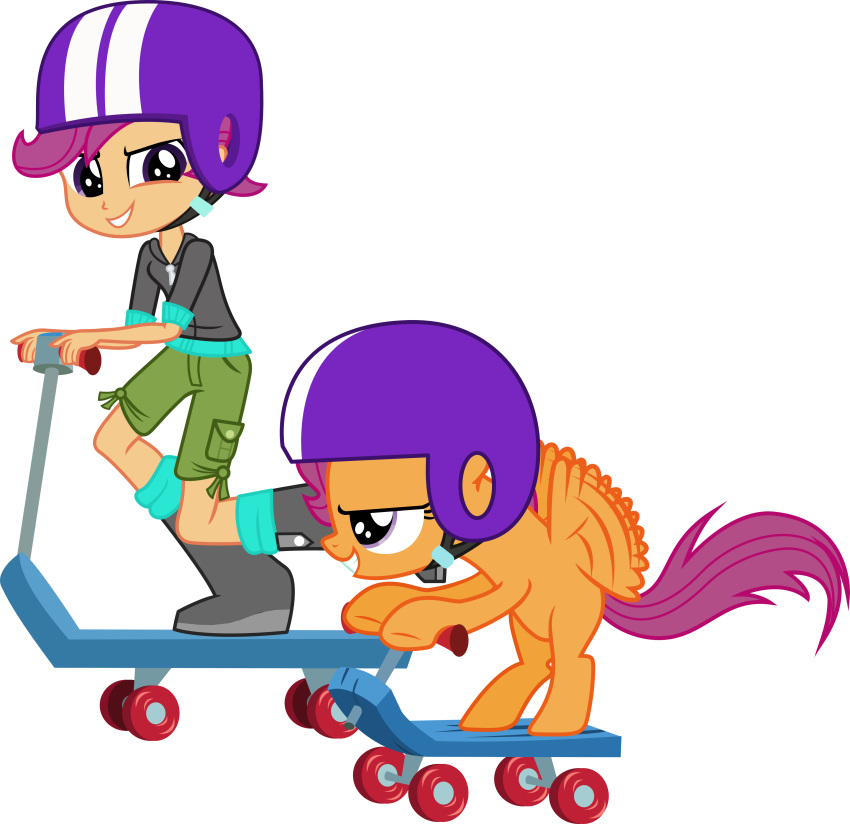 2013 absurd_res alpha_channel armor clothing duo equestria_girls equid equine feathered_wings feathers female feral friendship_is_magic hair hasbro headgear helmet hi_res human mammal my_little_pony mythological_creature mythological_equine mythology pegasus pink_hair scootaloo_(eg) scootaloo_(mlp) scooter shirt smile square_crossover topwear vector-brony wings