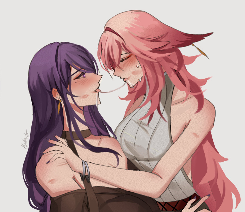 2girls absurdres after_kiss animal_ears blush closed_eyes ear_blush genshin_impact hand_on_another's_shoulder highres long_hair mole mole_under_eye multiple_girls parted_lips pink_hair purple_eyes purple_hair raiden_shogun rudang saliva saliva_trail signature tongue tongue_out yae_miko yuri