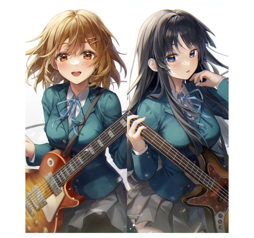 2girls :d :o adjusting_hair aibek akiyama_mio bad_id bad_twitter_id bass_guitar black_hair blue_bow blue_bowtie blue_eyes blush bow bowtie breasts brown_hair dot_nose electric_guitar fender_jazz_bass gibson_les_paul green_shirt grey_shirt guitar hands_up hirasawa_yui instrument k-on! looking_at_viewer looking_to_the_side medium_breasts multiple_girls pleated_skirt sakuragaoka_high_school_uniform school_uniform shirt skirt smile upper_body winter_uniform yellow_eyes