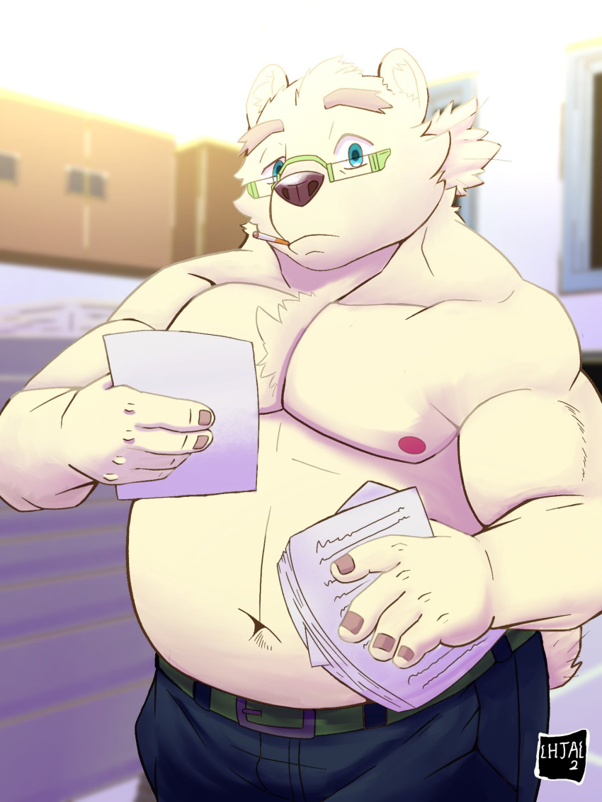 2021 3:4 anthro bear belly blue_eyes bottomwear clothing eyewear glasses hi_res humanoid_hands leib_(tas) lhjal2 lifewonders male mammal moobs navel nipples overweight overweight_anthro overweight_male pants polar_bear smoking solo tokyo_afterschool_summoners ursine