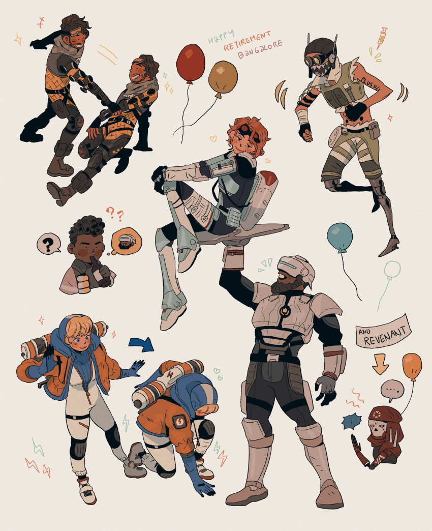 3girls 5boys ? ?? absurdres apex_legends armor balloon bandana bangalore_(apex_legends) belt black_belt blue_eyes blue_headwear bodysuit checkered_clothes checkered_scarf classic_revenant cropped_vest dancing dark-skinned_female dark-skinned_male dark_skin goggles goggles_on_head green_scarf green_vest grey_shorts head_tilt helmet highres horizon_(apex_legends) humanoid_robot kneeling lifting_person looking_up mechanical_legs mirage_(apex_legends) multiple_boys multiple_girls newcastle_(apex_legends) octane_(apex_legends) orange_hair osamatographe red_bandana revenant_(apex_legends) robot scarf shorts simulacrum_(titanfall) sitting smile spacesuit speech_bubble spoken_question_mark vest visor wattson_(apex_legends) yellow_bodysuit yellow_eyes