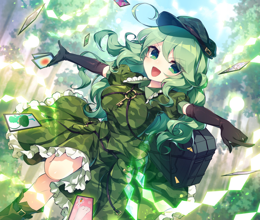 ability_card_(touhou) animal animal_ears animal_print arms_up bag belt black_bag black_belt black_gloves blue_sky blush boots breasts bush camouflage card carrot cloud cloudy_sky collared_dress colored_skin commentary_request danmaku dress elbow_gloves eyes_visible_through_hair female food forest frills gloves green_belt green_dress green_eyes green_footwear green_hair green_hat hair_between_eyes hands_up hat highres jewelry key key_necklace kozakura_(dictionary) large_breasts leaf leg_up looking_to_the_side medium_hair nature necklace open_mouth outdoors pink_skin pocket pointing puffy_short_sleeves puffy_sleeves rabbit rabbit_ears running short_sleeves sky smile solo tongue touhou tree unconnected_marketeers v-shaped_eyebrows yamashiro_takane