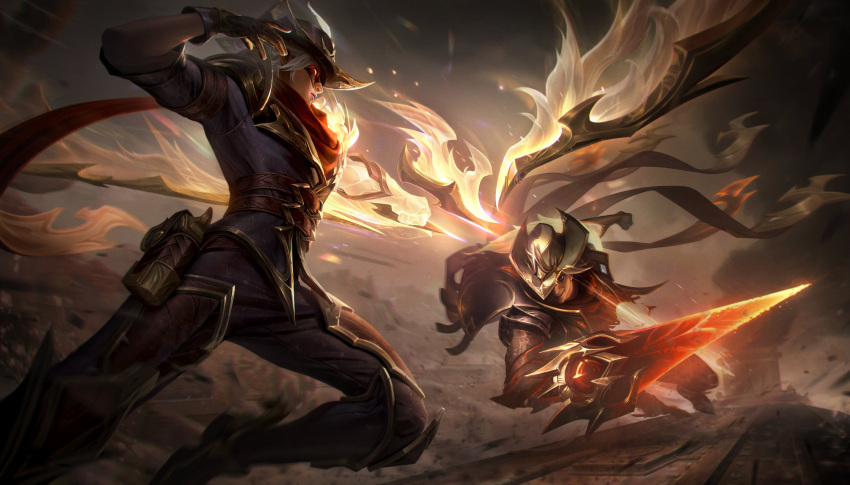 2boys absurdres battle black_shirt brown_gloves cowboy_hat detached_wings eye_mask gloves glowing glowing_eyes grey_hair hat high_noon_talon high_noon_varus highres holding holding_weapon jumping league_of_legends long_hair male_focus multiple_boys official_alternate_costume official_art outdoors pants red_hair shirt smile talon_(league_of_legends) varus weapon wings