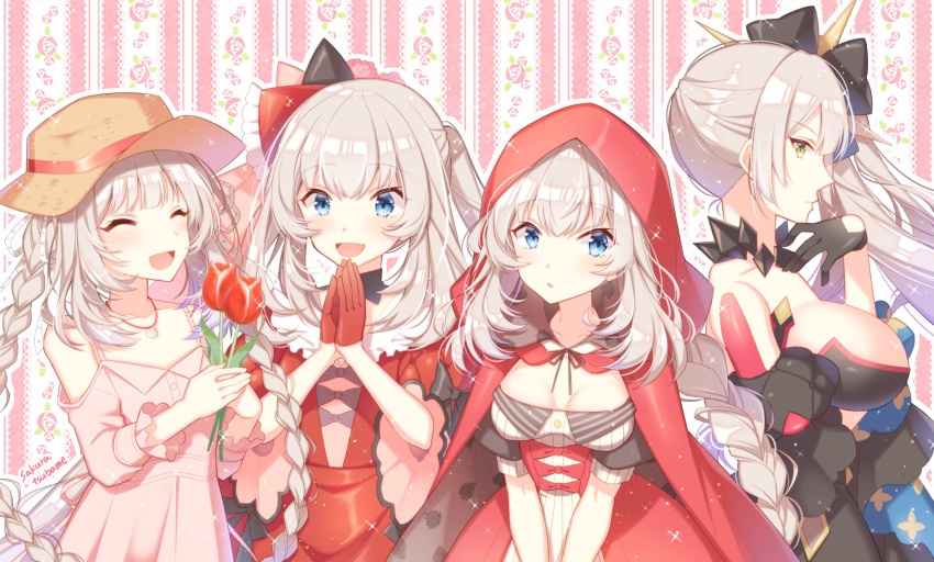 4girls bare_shoulders black_dress black_gloves blue_eyes blush braid breasts cleavage cloak closed_eyes collarbone dark_persona dress fate/grand_order fate_(series) floral_background flower gloves grey_hair hair_ornament hat highres hood hooded_cloak jewelry large_breasts long_hair looking_at_viewer marie_antoinette_(alter)_(fate) marie_antoinette_(alter)_(third_ascension)_(fate) marie_antoinette_(fate) marie_antoinette_(festival_outfit)_(fate) marie_antoinette_(under_the_same_sky)_(fate) medium_breasts multiple_girls multiple_persona necklace official_alternate_costume open_mouth pale_skin pink_background pink_dress red_cloak red_dress red_gloves sakura_tsubame side_ponytail single_braid smile twin_braids twintails very_long_hair white_dress yellow_eyes