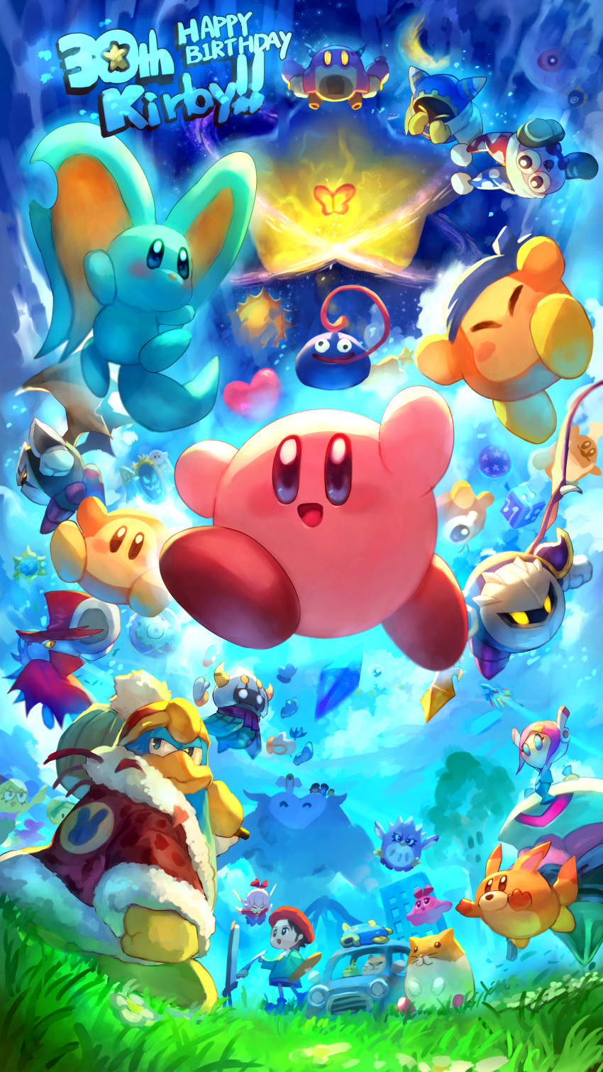 absurdres adeleine anniversary awoofy bandana bandana_waddle_dee blue_bandana bug bun_(kirby) business_suit_(kirby) butterfly car chef_kawasaki chuchu_(kirby) code_cube_(kirby) commentary_request coo_(kirby) dark_matter_(kirby) dark_meta_knight daroach dimension_mirror dragoon_(kirby) easel elfilin energy_sphere_(kirby) english_text escargon everyone flamberge_(kirby) francisca_(kirby) fumu_(kirby) gooey_(kirby) grass hammer hat heart highres hyness jumping kine_(kirby) king_dedede kirby kirby's_adventure kirby's_dream_land kirby's_dream_land_2 kirby's_dream_land_3 kirby's_return_to_dream_land kirby:_planet_robobot kirby:_right_back_at_ya kirby:_star_allies kirby:_triple_deluxe kirby_(series) kirby_64 kirby_air_ride kirby_and_the_amazing_mirror kirby_and_the_forgotten_land kirby_squeak_squad kirby_super_star kracko magolor marx_(kirby) meta_knight moon morpho_knight morpho_knight_(butterfly) motor_vehicle nago_(kirby) nightmare_(kirby) nightmare_orb outdoors painting_(action) pitch_(kirby) pop_star rayman_limbs ribbon_(kirby) rick_(kirby) robobot_armor shadow_kirby shiburingaru spoilers star_(sky) star_(symbol) sun_stone_(kirby) susie_(kirby) taranza tearing_up void_termina waddle_dee waddle_doo whispy_woods wings zan_partizanne zero_(kirby)