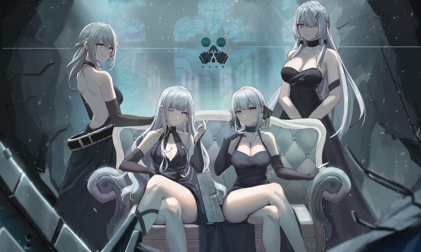 4girls absurdres ak-12_(girls'_frontline) ak-15_(girls'_frontline) an-94_(girls'_frontline) arm_support armlet backless_dress backless_outfit bare_shoulders braid breasts changpan_hutao cleavage closed_mouth collarbone couch cross cross_necklace crossed_legs defy_(girls'_frontline) dress earrings elbow_gloves evening_gown french_braid girls'_frontline gloves glowing glowing_eyes green_eyes hair_between_eyes hair_ornament hair_over_one_eye hair_ribbon hair_tubes hairclip halterneck highres jewelry large_breasts long_hair looking_at_viewer multiple_girls necklace one_eye_closed pale_skin purple_eyes ribbon rpk-16_(girls'_frontline) sidelocks sitting smile standing thighs white_hair