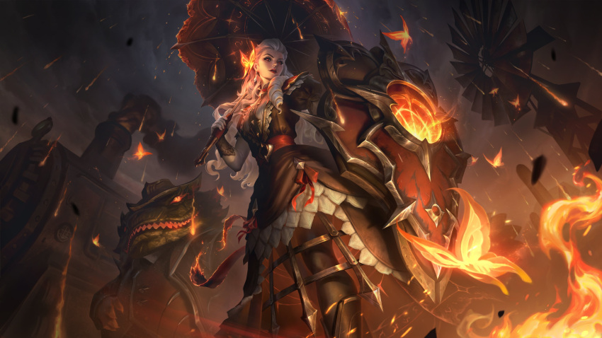 absurdres alternate_costume black_dress brown_headwear bug butterfly closed_mouth collared_shirt cowboy_hat dress drill_hair earrings embers fat female fingerless_gloves fire gloves glowing hat high_noon_leona highres holding holding_shield holding_umbrella jacket jewelry league_of_legends leona_(league_of_legends) long_hair official_alternate_costume official_art open_clothes open_jacket red_vest reptile_boy sharp_teeth shield shirt standing tahm_kench teeth train umbrella vest white_hair windmill