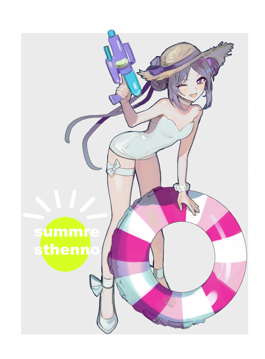 casual_one-piece_swimsuit english_text fate/grand_order fate_(series) female hat high_heels highres holding holding_toy holding_weapon kitou_saji leaning_forward lifebuoy medium_hair one-piece_swimsuit one_eye_closed open_mouth purple_eyes purple_hair smile solo standing stheno_(fate) strapless strapless_one-piece_swimsuit sun_hat swim_ring swimsuit thigh_strap toy water_gun weapon