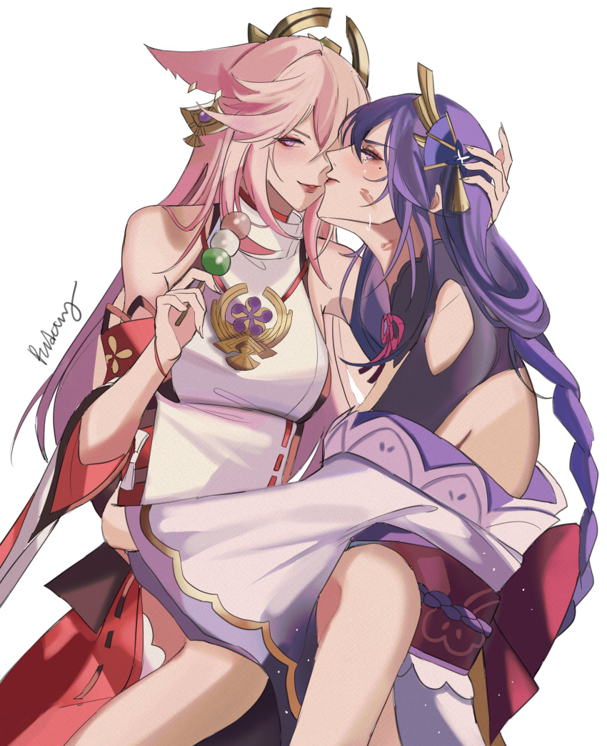 2girls absurdres animal_ears breasts dango food fox_ears genshin_impact highres lipstick_mark lipstick_mark_on_face lipstick_mark_on_neck long_hair mole mole_under_eye multiple_girls parted_lips pink_eyes pink_hair purple_eyes purple_hair raiden_shogun rudang sanshoku_dango signature wagashi yae_miko yuri