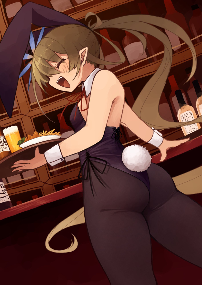 animal_ears ass bare_shoulders blush breasts brown_hair closed_eyes commentary_request cowboy_shot detached_collar female food highres holding indoors kaginoni leotard long_hair oerba_yun_fang open_mouth original pantyhose playboy_bunny pointy_ears ponytail rabbit_ears rabbit_tail selenoah small_breasts solo strapless strapless_leotard tail teeth tongue tray wrist_cuffs