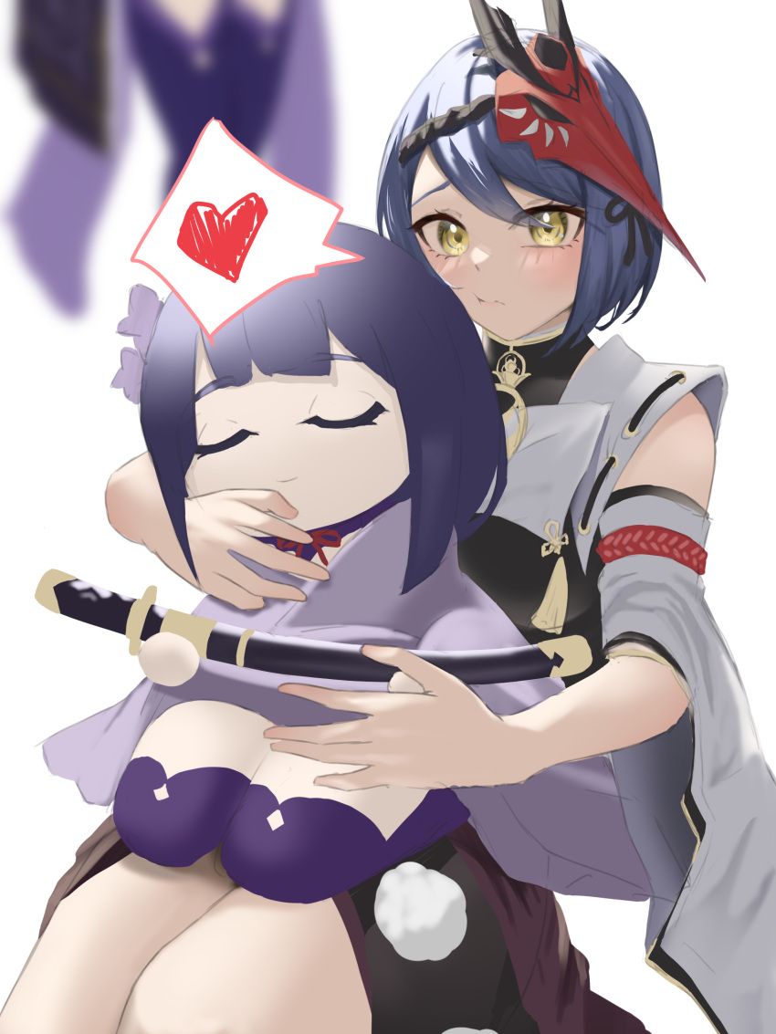 2girls absurdres black_hair blush closed_eyes genshin_impact heart highres hug hugging_doll hugging_object japanese_clothes kimono kujou_sara mask mask_on_head multiple_girls purple_hair stuffed_toy sword thought_bubble weapon yumeto_(ym-1)