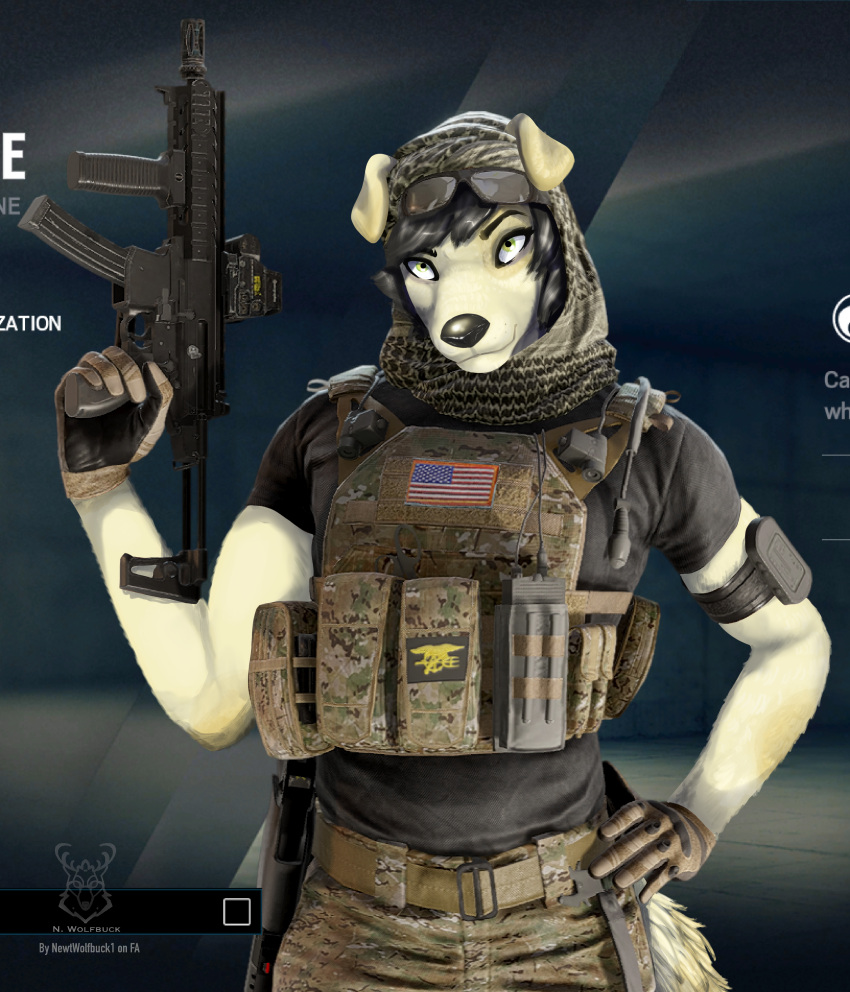 absurd_res anthro black_hair blue_byte_(game_developer) canid canine canis domestic_dog draw_over female fur green_eyes gun hair hi_res mammal michelle_melinao military newt_wolfbuck rainbow_six rainbow_six:_siege ranged_weapon screencap sig_mpx solo tom_clancy's_(series) ubisoft valkyrie_(r6s) weapon white_body white_fur yellow_body yellow_fur