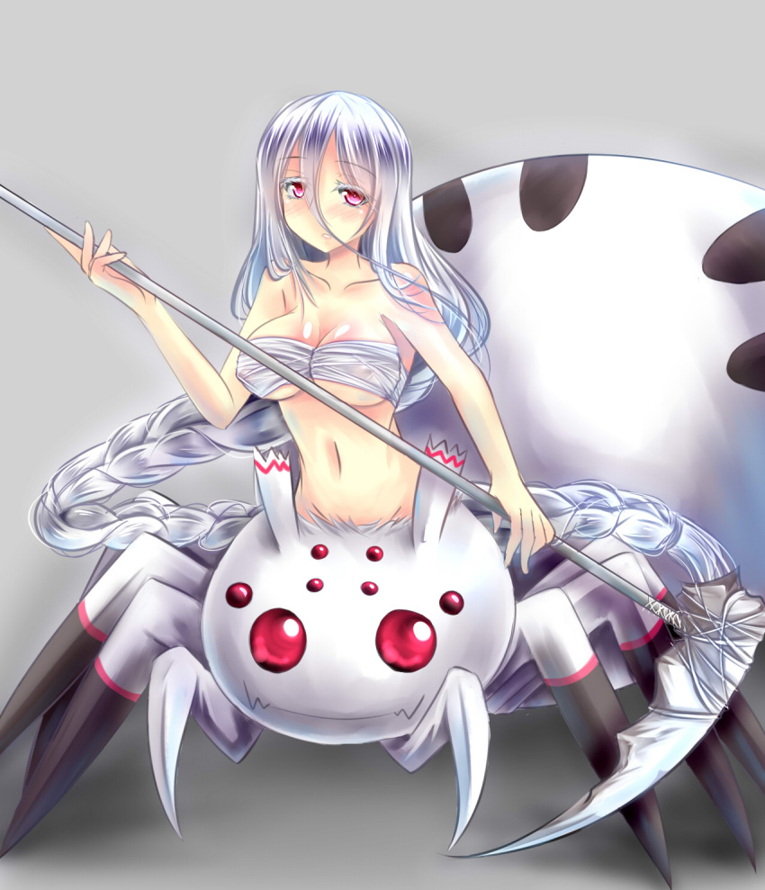 arachne arthropod_girl arthropod_limbs bare_shoulders blush braid breasts cleavage collarbone commentary covered_nipples extra_eyes female full_body grey_background groin hair_between_eyes hair_strand highres holding holding_scythe kiryu264 kumo_desu_ga_nani_ka? kumoko_(kumo_desu_ga_nani_ka?) large_breasts long_hair looking_at_viewer monster_girl navel parted_lips red_eyes scythe shadow shiraori sidelocks silk simple_background single_braid solo spider_girl spider_web spoilers standing stomach strapless taur tube_top underboob very_long_hair white_hair white_tube_top