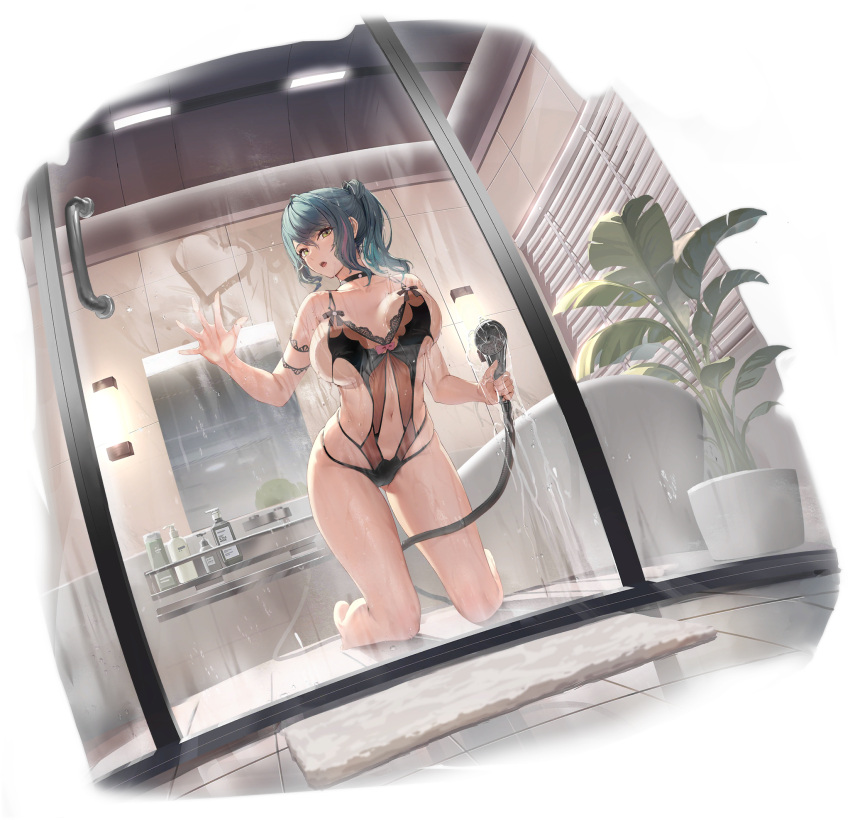 against_glass azur_lane bare_shoulders bathroom bathtub black_choker black_one-piece_swimsuit breast_press breasts breasts_on_glass casual_one-piece_swimsuit choker collarbone dead_or_alive dead_or_alive_6 dead_or_alive_xtreme doormat female glass_door glass_writing heart highres holding holding_shower_head kneeling large_breasts long_hair looking_at_viewer mirror multicolored_hair navel non-web_source official_alternate_costume official_art one-piece_swimsuit plant ponytail potted_plant shower_head skindentation soap_bottle solo streaked_hair swimsuit tamaki_(doa) tamaki_(venus_shower_time)_(doa) thighs transparent_background water window_blinds