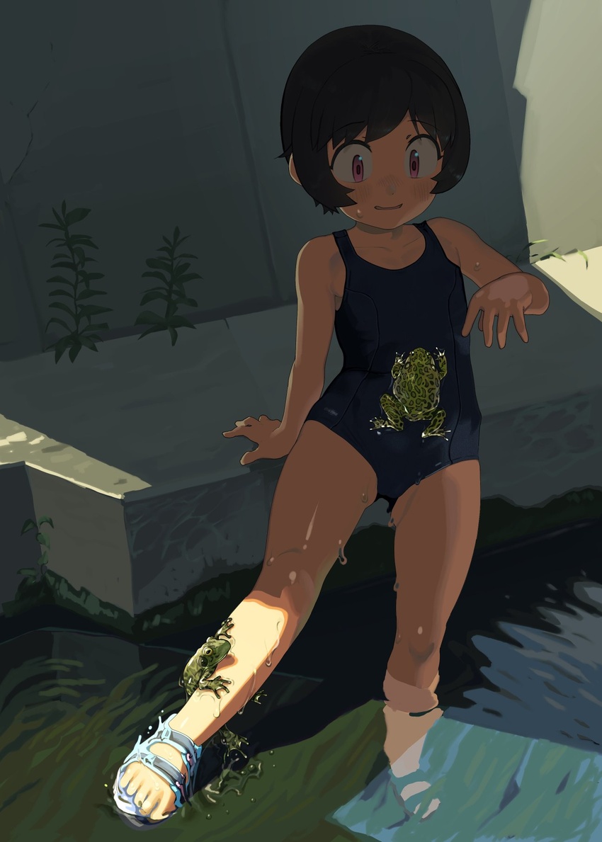 2equal8 black_hair blush canal day female frog highres nature one-piece_swimsuit open_mouth original outdoors plant red_eyes river sawada_kanako school_swimsuit short_hair slippers solo swimsuit water