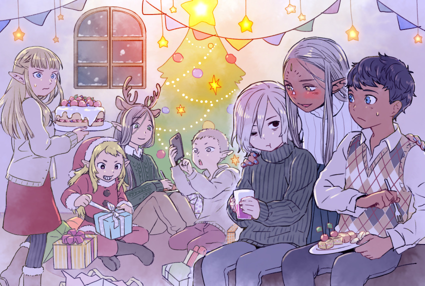 3boys 4girls :t animal_ears antlers argyle_clothes argyle_sweater black_eyes black_hair black_legwear blonde_hair blue_eyes blue_nails boots box braid cake cardigan cellphone christmas christmas_ornaments christmas_tree cithis cup dark_elf deer_ears drink drunk dungeon_meshi eating elf facial_mark fake_animal_ears fake_antlers fleki food forehead_mark fork frown fur_trim gift gift_box green_eyes grey_hair grin half_updo hand_on_another's_shoulder hat highres holding holding_cup holding_fork holding_phone holding_plate hood hood_down hoodie horns indian_style indoors jack_(haist) kabru knees_up long_hair looking_at_another lycion mithrun multiple_boys multiple_girls notched_ear otta_(dungeon_meshi) pants pantyhose pattadol phone plate pointy_ears red_headwear red_skirt santa_costume santa_hat shirt short_hair sitting skirt smile snowing star_(symbol) string_of_flags striped_clothes striped_pantyhose sweatdrop sweater sweater_vest twintails uneven_eyes vertical-striped_clothes vertical-striped_pantyhose walking wariza window yellow_eyes