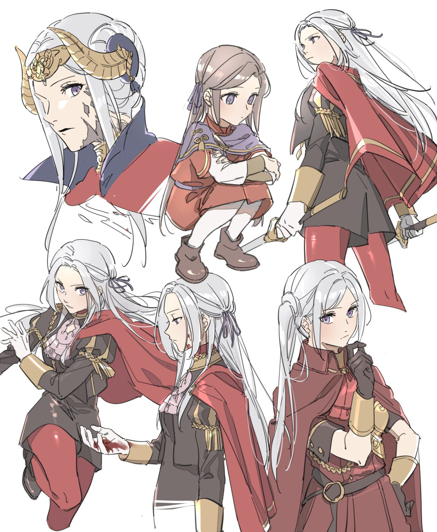 aged_down blood blood_on_clothes blood_on_face blood_on_gloves blood_on_hands brown_footwear brown_hair commentary_request dual_wielding edelgard_von_hresvelg edelgard_von_hresvelg_(hegemon_husk) fake_horns female fire_emblem fire_emblem:_three_houses garreg_mach_monastery_uniform gloves grey_hair hair_ornament hair_ribbon highres holding holding_sword holding_weapon horns long_hair long_sleeves looking_at_viewer multiple_views nanao_parakeet pantyhose purple_eyes red_pantyhose ribbon shorts side_ponytail simple_background sword weapon white_background white_gloves white_pantyhose