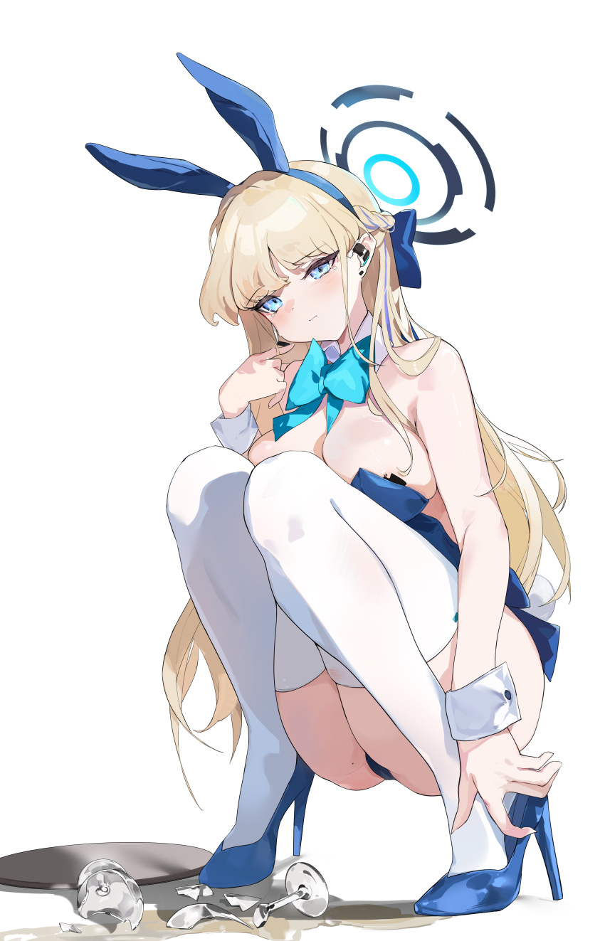 absurdres animal_ears bare_shoulders blonde_hair blue_archive blue_bow blue_bowtie blue_eyes blue_footwear blue_halo blue_leotard bow bowtie braid breasts cleavage detached_collar fake_animal_ears fake_tail female full_body gong_cha half_up_braid halo high_heels highres large_breasts leotard long_hair looking_at_viewer mole mole_on_thigh official_alternate_costume playboy_bunny rabbit_ears rabbit_tail sad skindentation solo squatting strapless strapless_leotard tail tearing_up thighhighs toki_(blue_archive) toki_(bunny)_(blue_archive) white_thighhighs