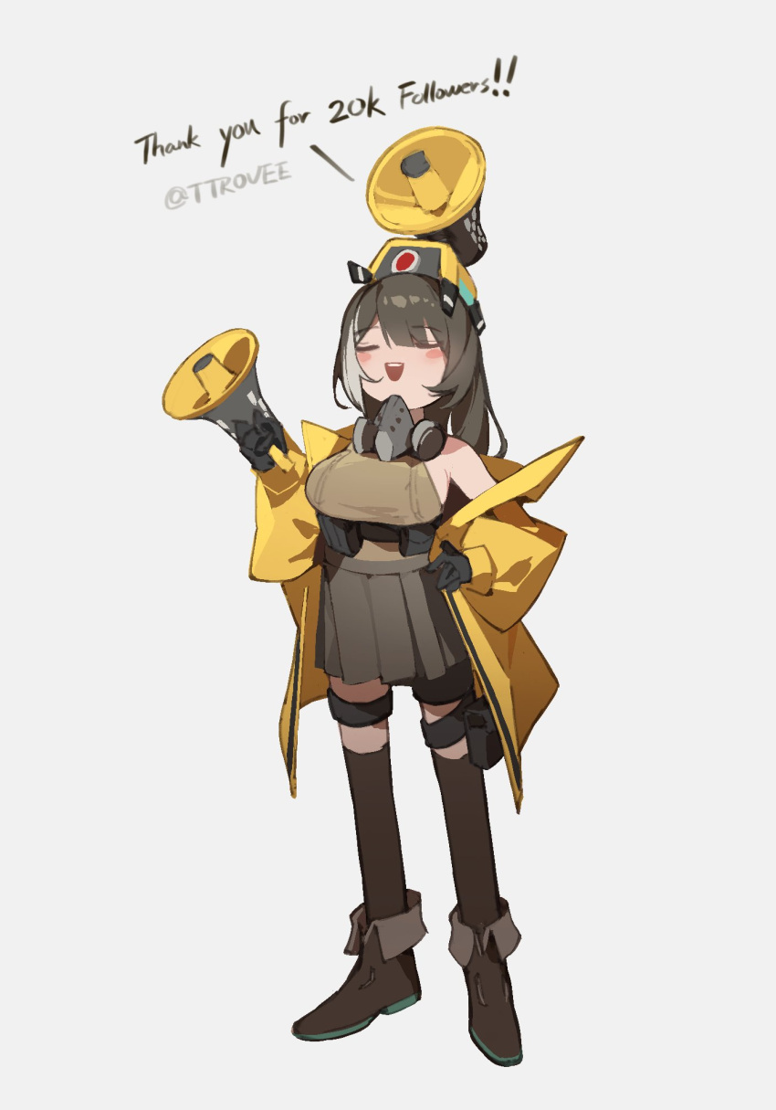 1other banana_(girls'_frontline) boots breasts celebration closed_eyes dinergate_(girls'_frontline) english_text female girls'_frontline gloves highres jacket large_breasts megaphone non-humanoid_robot respirator ro635_(girls'_frontline) ro635_(mod3)_(girls'_frontline) robot skirt socks trove yellow_jacket