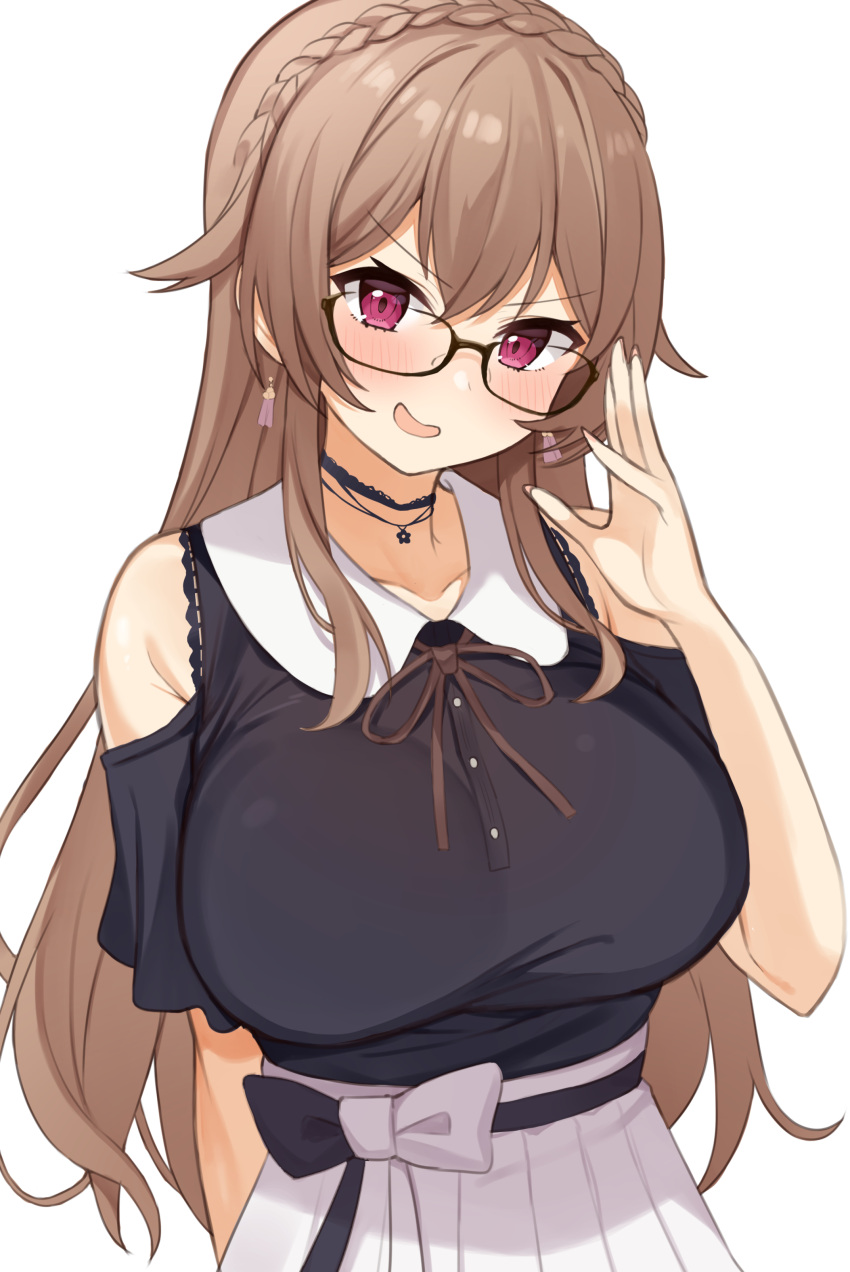 absurdres armpit_crease bespectacled black-framed_eyewear blush breasts brown_hair choco_tanuki choker clothing_cutout collarbone earrings female furen_e_lustario furen_e_lustario_(2nd_costume) glasses highres jewelry large_breasts long_hair looking_at_viewer necklace nijisanji open_mouth pink_eyes shoulder_cutout simple_background skirt smile solo star_(symbol) star_necklace upper_body virtual_youtuber white_background white_skirt